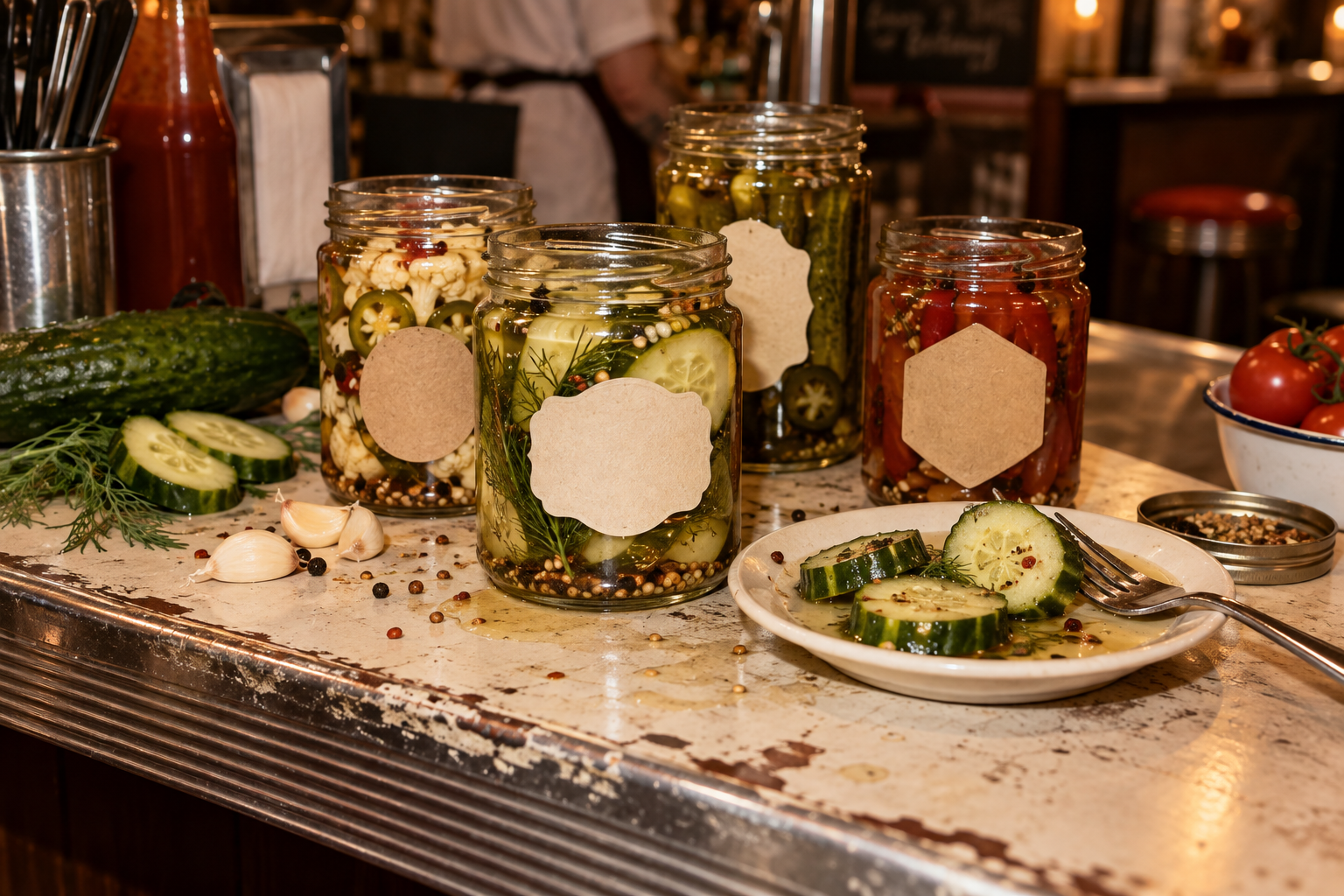 Editorial still life of pickle jars and ingredients