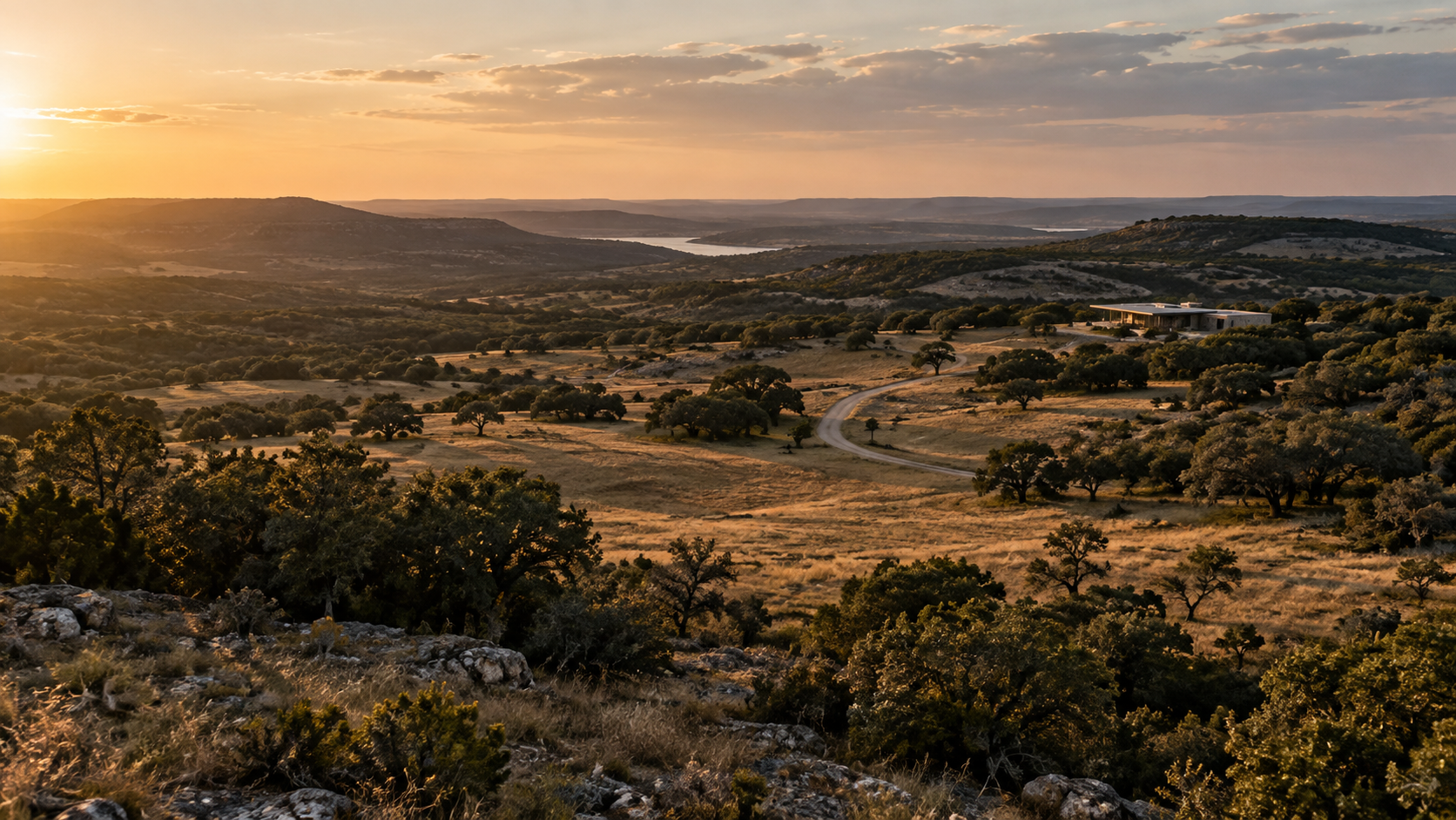 Golden-hour view across Central Texas Hill Country with live oaks, limestone, and a contemporary structure