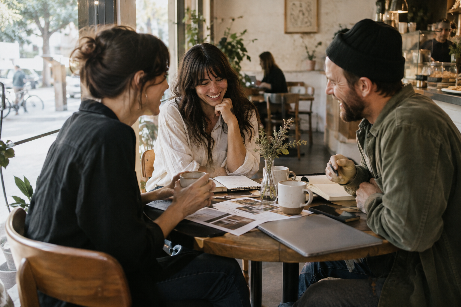 Friends and collaborators meeting at an Austin cafe