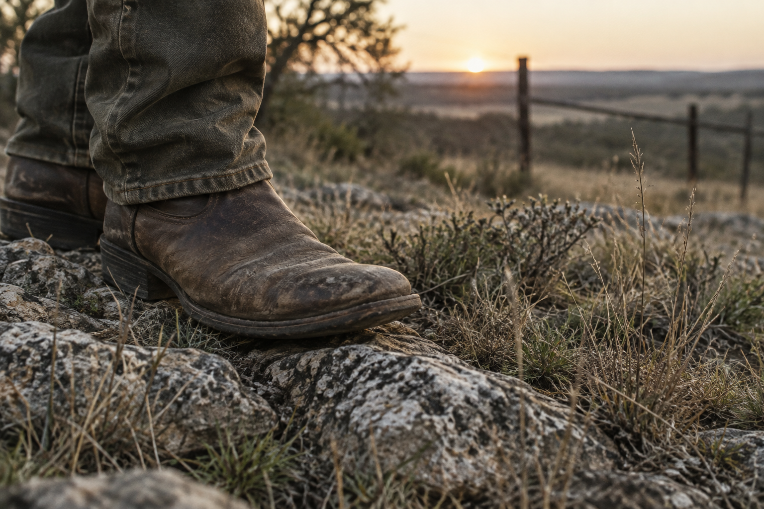 Worn ranch boots beside limestone and dry Texas grass