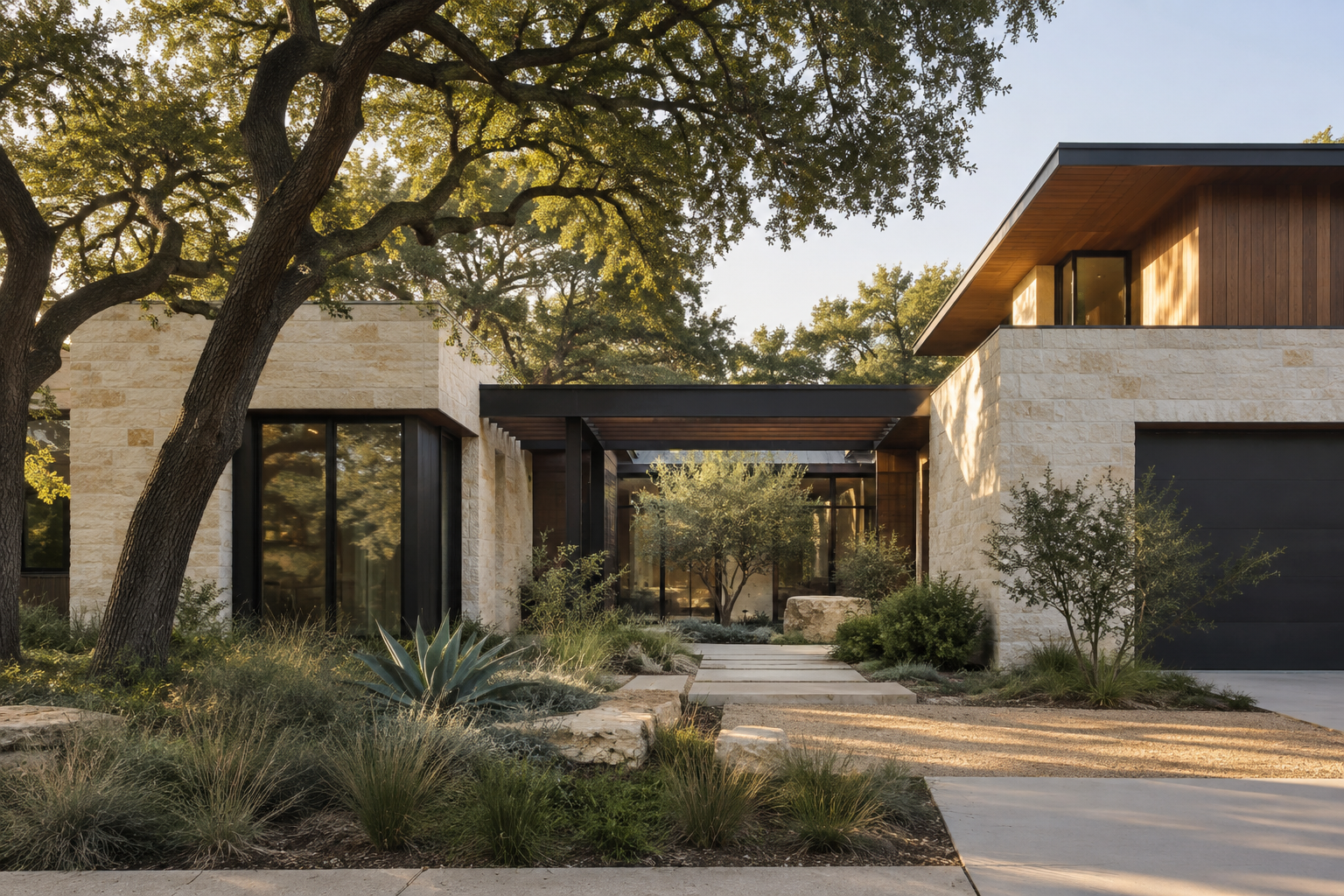 Contemporary Austin residence with limestone and native landscaping