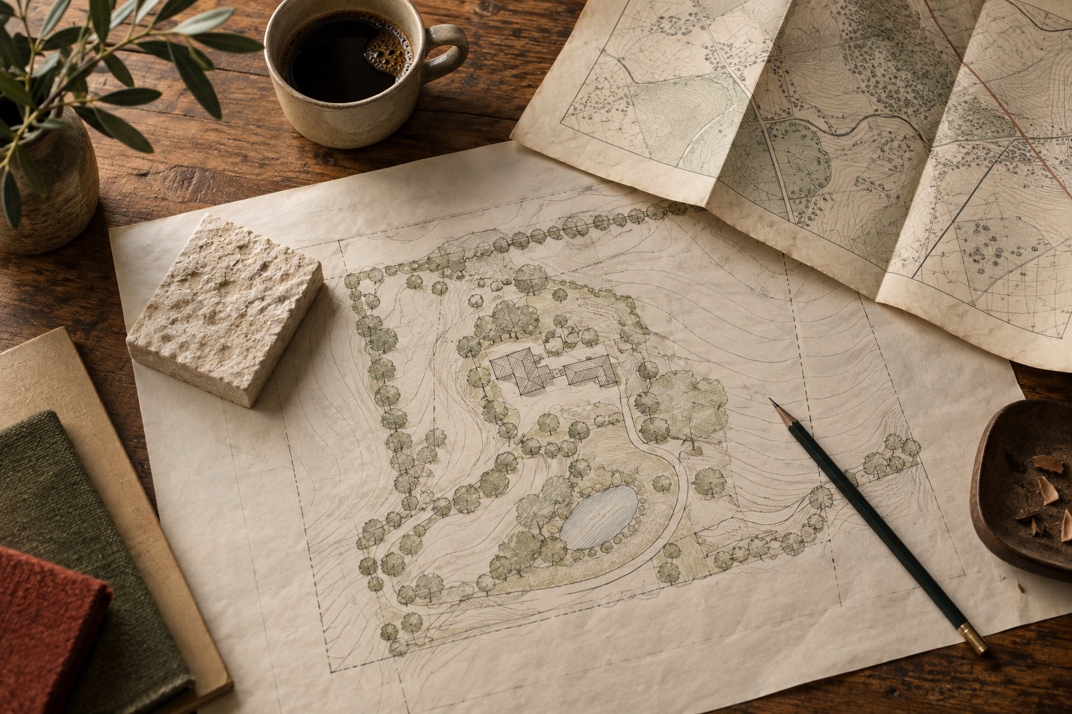 Site plan and survey materials on a warm studio table